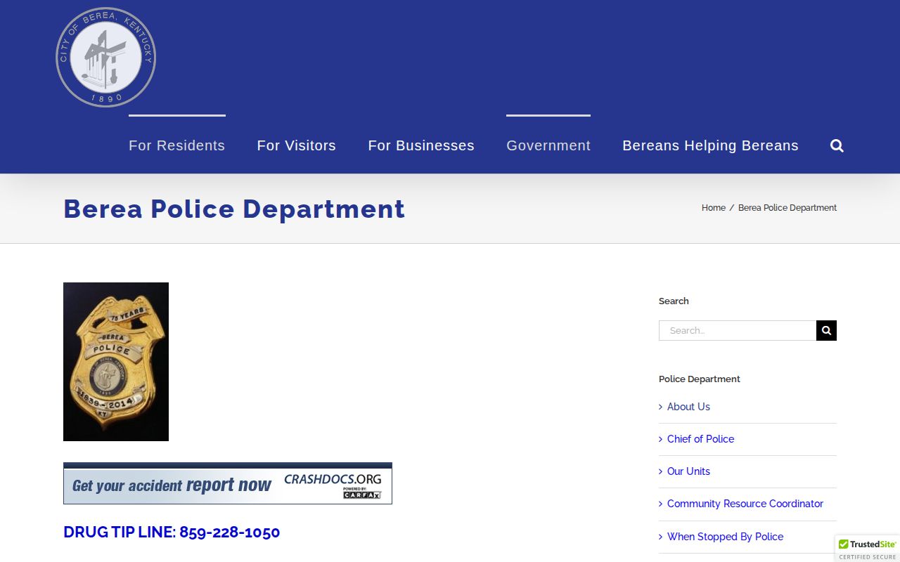 Berea Police Department official arrest and booking records page